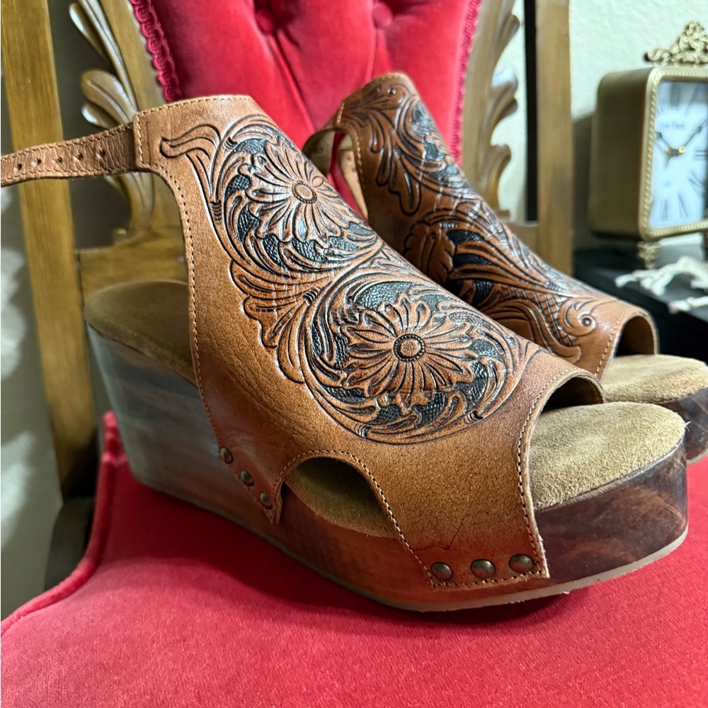 Roper Tooled Leather Wedge Shoes